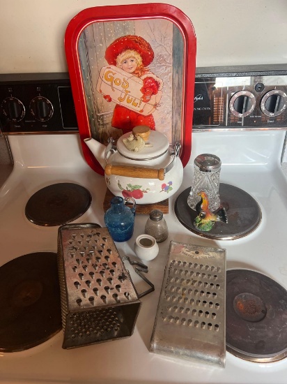 cheese graters, vintage tray, and shakers
