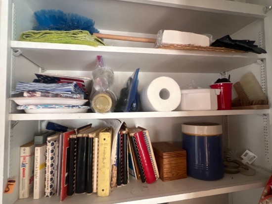 laundry room shelf contents- vintage cookbooks, and recipe cards, crock and more! ,