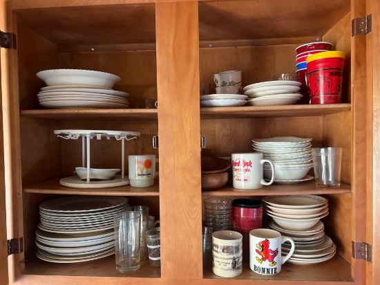 kitchen, cupboard contents - plates, coffee cups and more