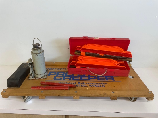 reflective triangle emergency, hydraulic bottle jack and pro style creeper