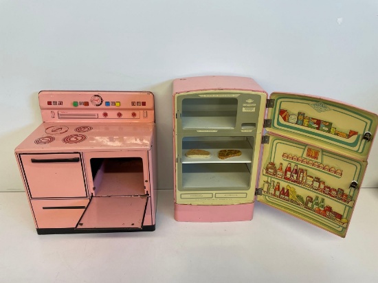 vintage pink metal Fridge and stove