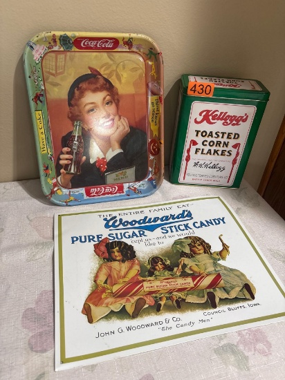 Vintage Coca Cola Coke Tin Tray, Kelloggs Corn Flake Tin & Vintage Woodwards Pure Sugar Stick