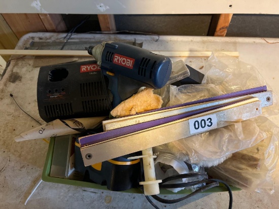 Ryobi drill and tote of miscellaneous tools