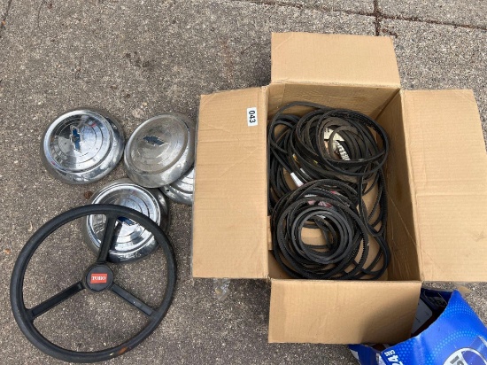 toro steering wheel, chevy hub caps and belts