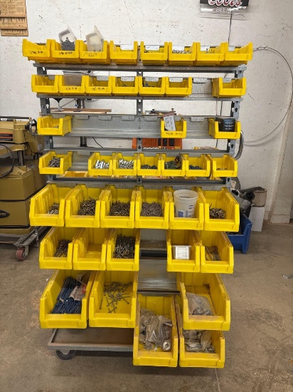 Parts bin shelving organizer with plastic bins on wheels