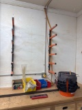 Lumber storage rack, bucket with tool & misc items