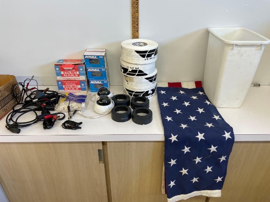 Nails galvanized 16D, cameras, tile spacers, course tape white USA flag and more