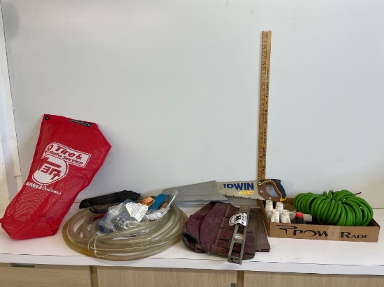Hand saw, knife sharpener, engine oil and more