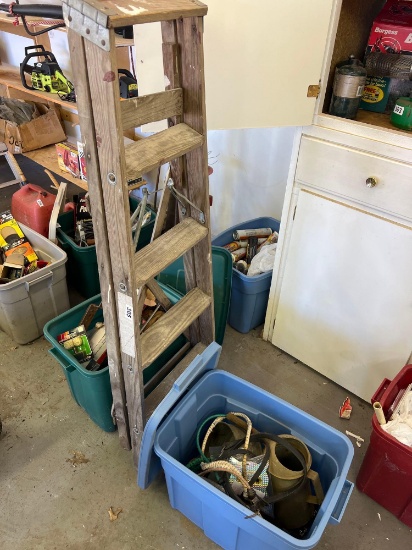 wooden ladder/tote With oil cans, filler and more
