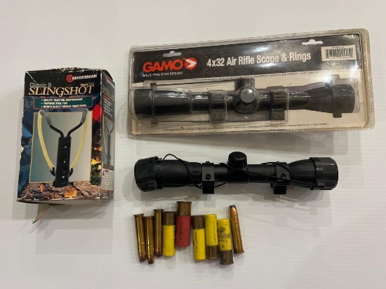 2 scopes sling shot and 20 gauge plus