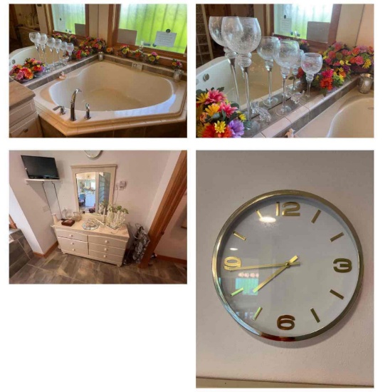 Master bathroom dresser with mirror AND bathroom decor- wall hangings, lamp, clock