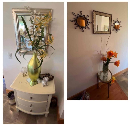 Bathroom decor - small bedside stand, mirrors, wall hangings