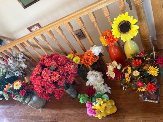 Huge assortment of silk flower arrangements, in beautiful vases
