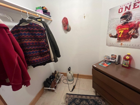 Closet off laundry room- mens clothes/shoes size xl/13 Hat on hat stand