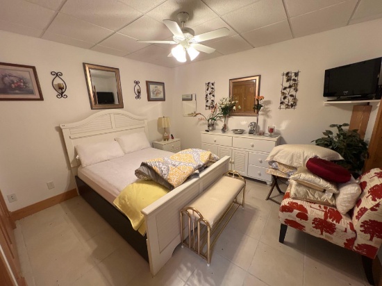 Queen Bed and bedroom furniture. Including all wall hanging and TV.