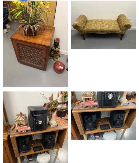 Bench, floral stand, stereo equipment and more