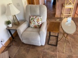 Recliner, side tables, decor, and lamp