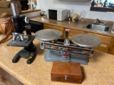 Bausch and Lomb microscope, and ohaus Harvard trip balance with weights
