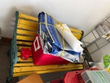 Cast Iron table and chairs, lawn chains and cooler