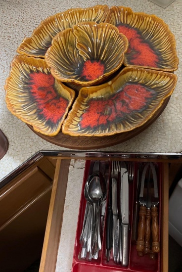 Silverware drawer and USA chip dip pottery set on Lazy Susan