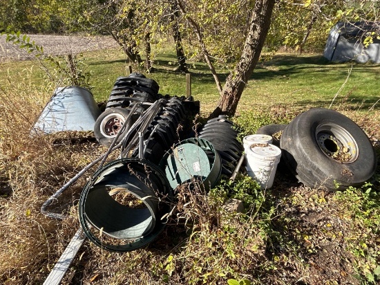 Septic parts and pieces plus 2 wagon tires