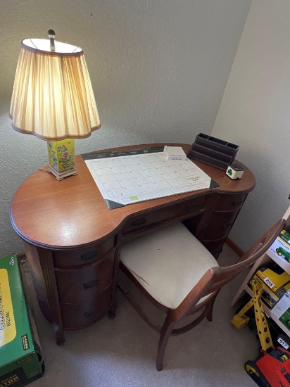 Antique Desk with lamp and supplies