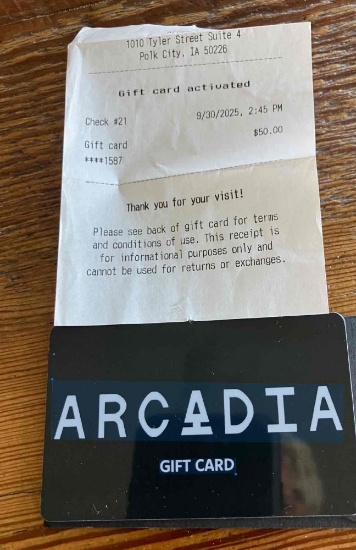 ARCADIA GIFT CARD $50