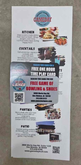 kcb3 Gameday Lanes TWO FREE PASSES FOR Game of Bowling plus shoes plus FREE One Hour Arcade Time