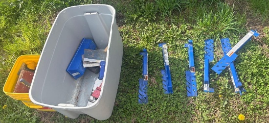 Werner roof brackets, & tote w/ misc items caulk guns brushes
