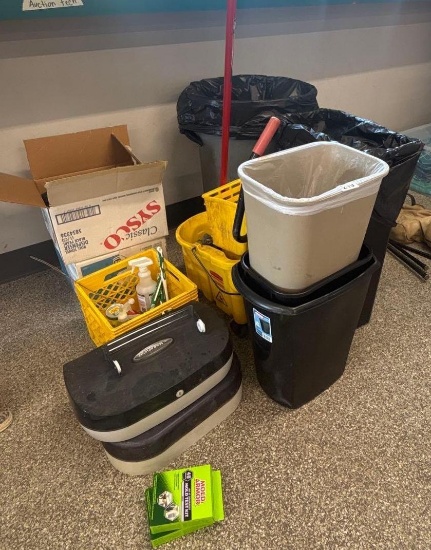 Trash cans, paper towels dispensers & cleaning supplies