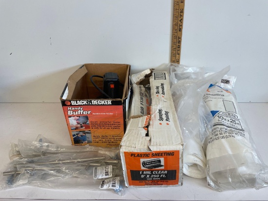 BLACK & DECKER BUFFER, PLASTIC SHEETING AND STEEL BAR HANDLE