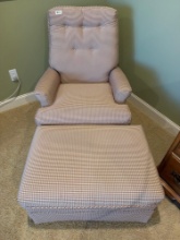 2- Checked Upholstered High-Back Armchair and Matching Ottoman