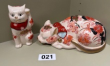 2- Japanese Imari-Marked Floral Ceramic Cats, Sleeping and Raised-Paw Forms