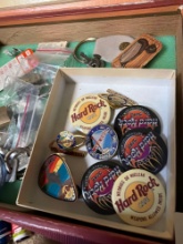 Hard Rock Cafe Souvenir Pins and Buttons with Keys, Padlocks and Cigar Box