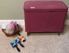 Burgundy Upholstered Storage Bench with Hangers and Cleaning Accessories