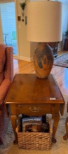 Ethan Allen Drop-Leaf End Table with Lamp, Magazine Basket and Cat Coasters