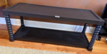Black Console Table with Bobbin-Turned Legs and Lower Shelf, About 48 Inches Long