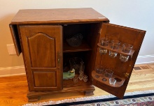 Two-Door Drop-Leaf Bar Cabinet with Door Glass Racks and Assorted Glassware