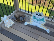 3-Piece Cat Garden Decor Group with Two Painted Metal Cats and Cat-Rimmed Basin