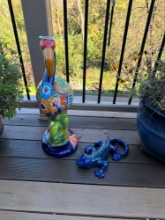 2-Piece Colorful Glazed Bird and Blue-Green Lizard Garden Decor Group