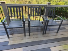 3 Gray Metal Patio Armchairs with Slatted Seats and Vertical Back Splats