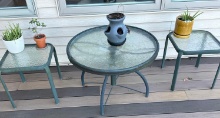 Glass-Top Patio Table, Two Side Tables and Four Potted Plants/Planters