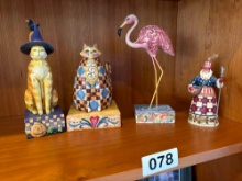4 Jim Shore Heartwood Creek Figures: Two Cats, Pretty in Pink Flamingo and Patriotic Santa