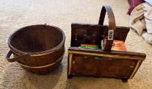 Wood Magazine Carrier and Handled Wastebasket with Assorted Books