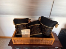 Three Black and Gold Pillows, Wicker Tray and Reference Books