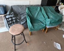 Broyhill Sofa, Blue Armchairs, Stool and Wreath