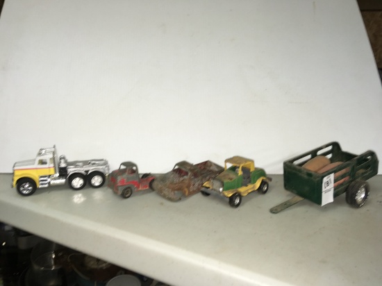 Toy truck lot to include Mattel semi truck, topper classic hot rod, Tootsie Toy and Nylint trailer