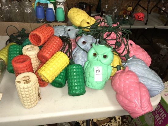 Vintage outdoor decorative lights, owls and cylinders