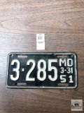 Vintage 1951 Maryland 4 digit license plate