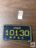 Michigan 1965 5 digit license plate, 10130, MPSC across bottom